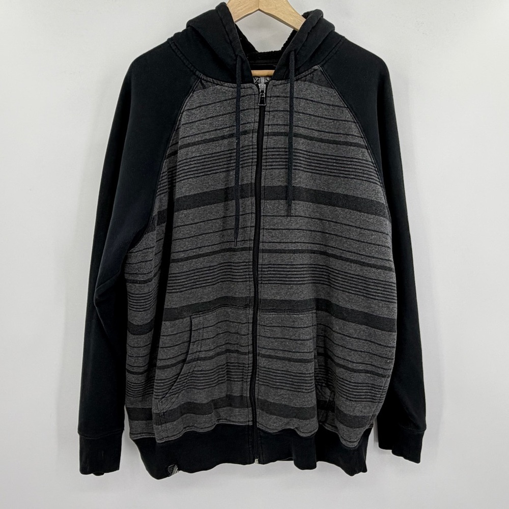 Top Heavy Y2K Men's Black/Gray Zip Up Sherpa‎ Lined Thick Skater Hoodie Size XL